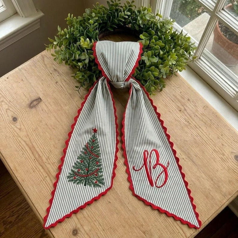 Personalized Christmas Wreath Sash, Embroidered Tree Monogram Door Sash, Holiday Ribbon Sash