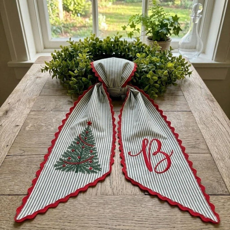 Personalized Christmas Wreath Sash, Embroidered Tree Monogram Door Sash, Holiday Ribbon Sash