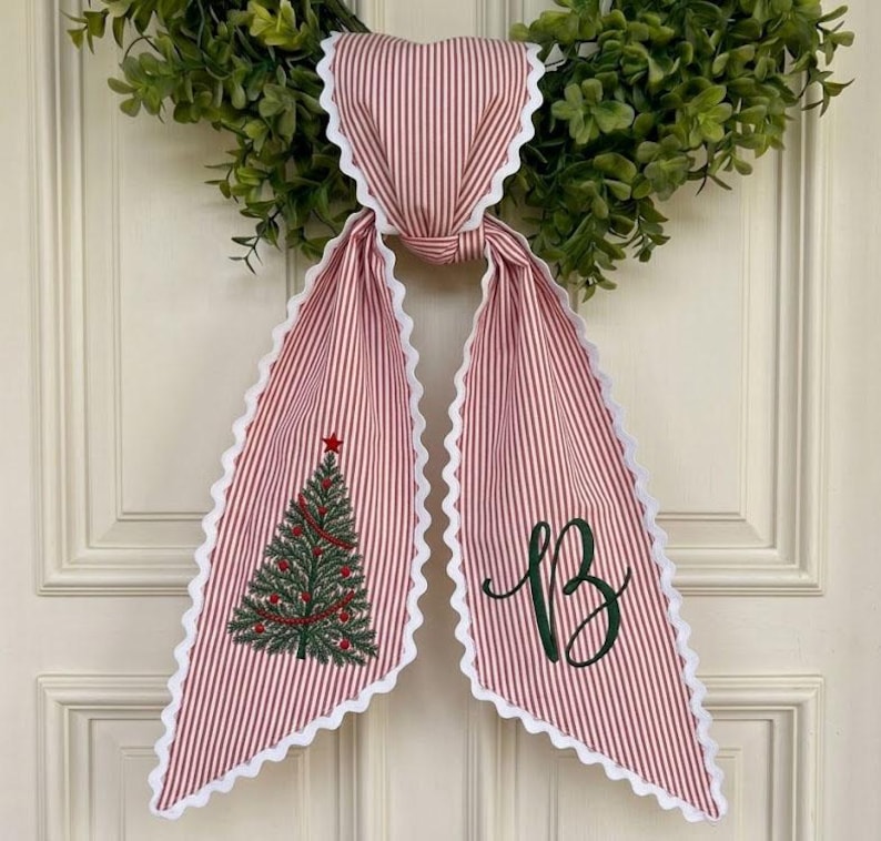 Personalized Christmas Wreath Sash, Embroidered Tree Monogram Door Sash, Holiday Ribbon Sash