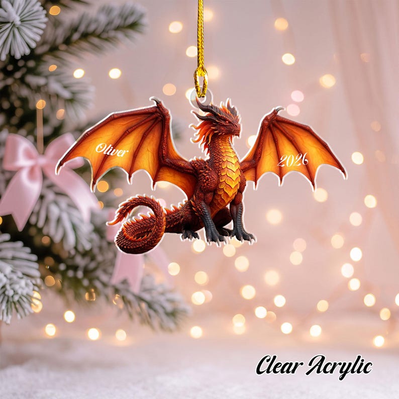 Personalized Red Flying Dragon Ornament, Custom Fantasy Creature Mythical Decor, RPG Gamer Christmas Keepsake