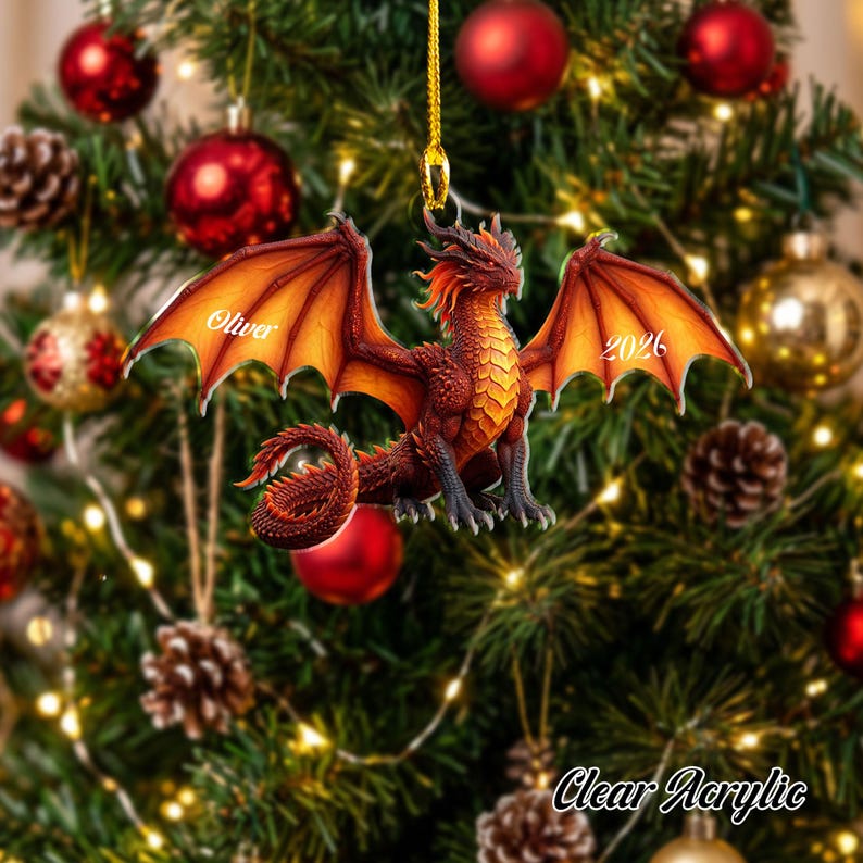 Personalized Red Flying Dragon Ornament, Custom Fantasy Creature Mythical Decor, RPG Gamer Christmas Keepsake
