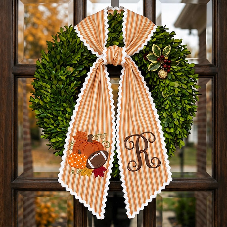 Custom Monogram Football Pumpkin Wreath Sash, Fall Front Door Bow, Embroidered Game Day Ribbon, Thanksgiving Gift
