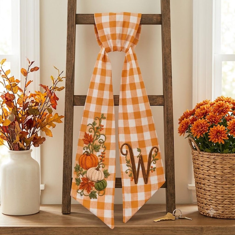 Custom Embroidered Thanksgiving Wreath Sash, Personalized Pumpkin Door Bow, First Home Gift for Newlyweds