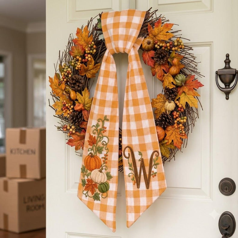 Custom Embroidered Thanksgiving Wreath Sash, Personalized Pumpkin Door Bow, First Home Gift for Newlyweds