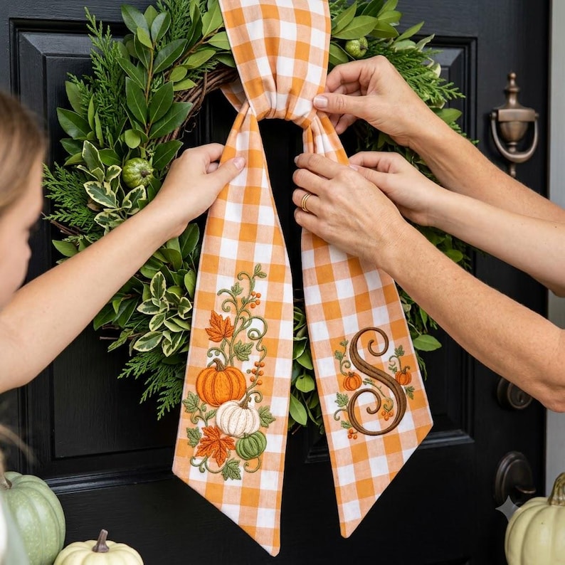 Custom Embroidered Thanksgiving Wreath Sash, Personalized Pumpkin Door Bow, First Home Gift for Newlyweds