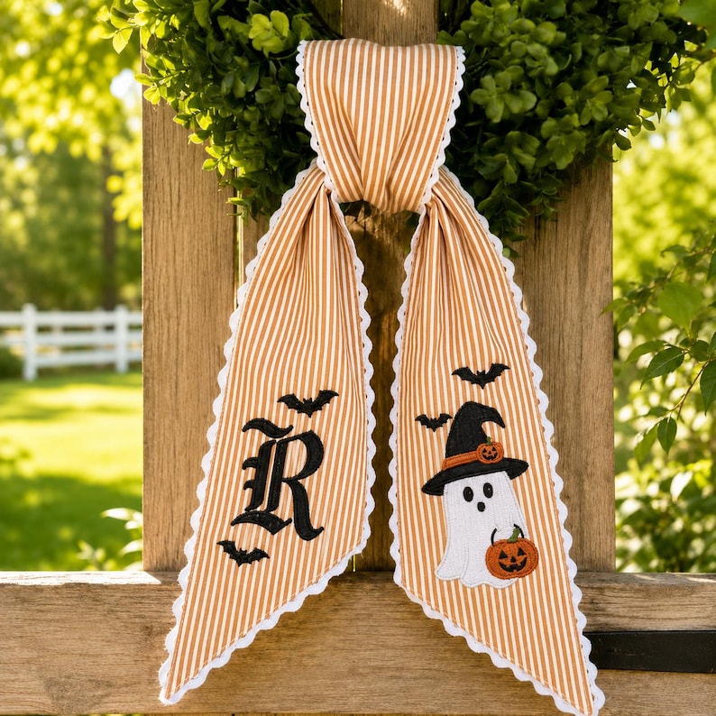 Personalized Embroidered Ghost Pumpkin Bat Wreath Sash, Custom Striped Ribbon Door Hanger, Halloween Decor