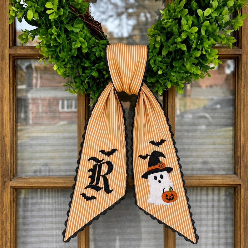 Personalized Embroidered Ghost Pumpkin Bat Wreath Sash, Custom Striped Ribbon Door Hanger, Halloween Decor