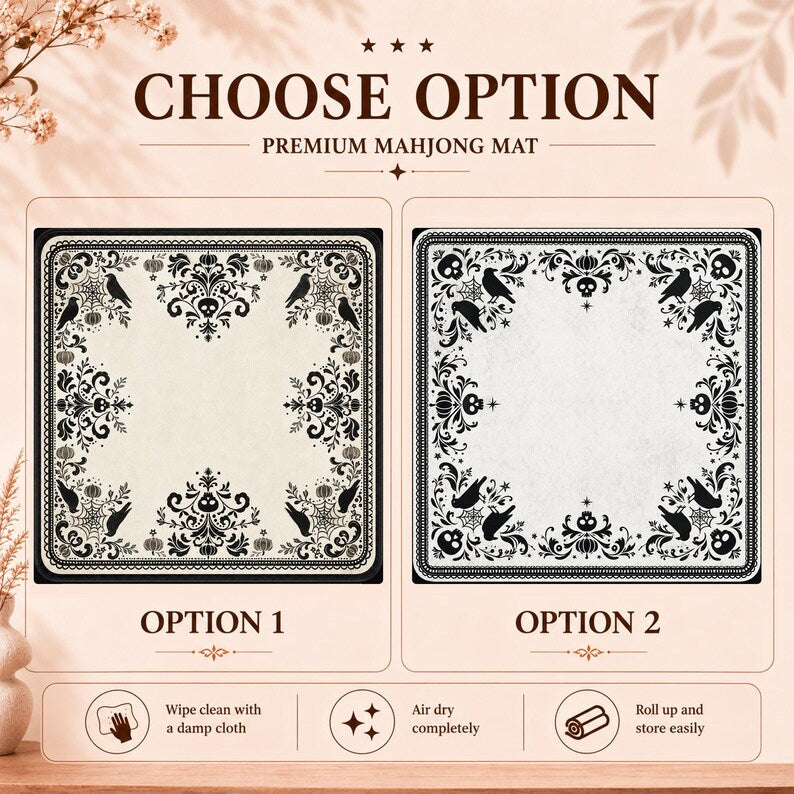 Gothic Skull Crow Mahjong Mat, Non-Slip Noise Reducing Table Cover, Halloween Dark Academia Game Mat Gift