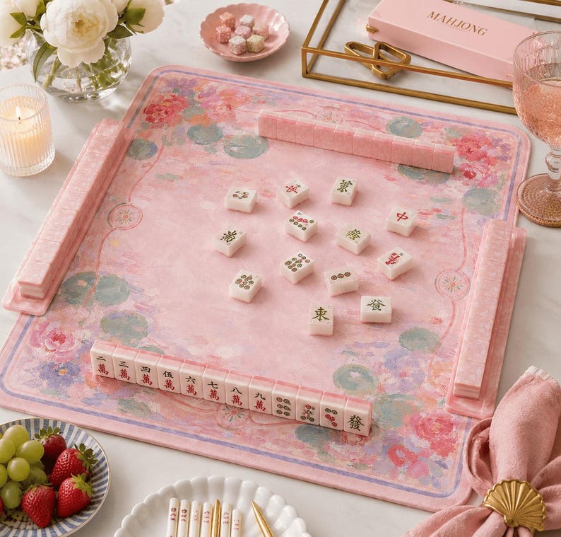 American Mahjong Mat, Pink Floral Rubber Mahjong Table Mat, Watercolor Garden Grandmillennial Design, Mahjong Gift