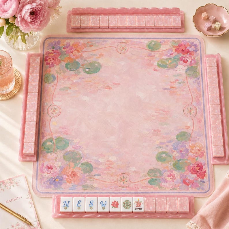 American Mahjong Mat, Pink Floral Rubber Mahjong Table Mat, Watercolor Garden Grandmillennial Design, Mahjong Gift