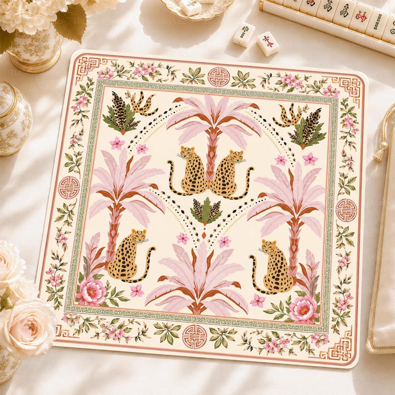 Tropical Leopard Mahjong Mat, Palm Mah Jongg Table Cover, Grandmillennial Mahj Gift for Hostess