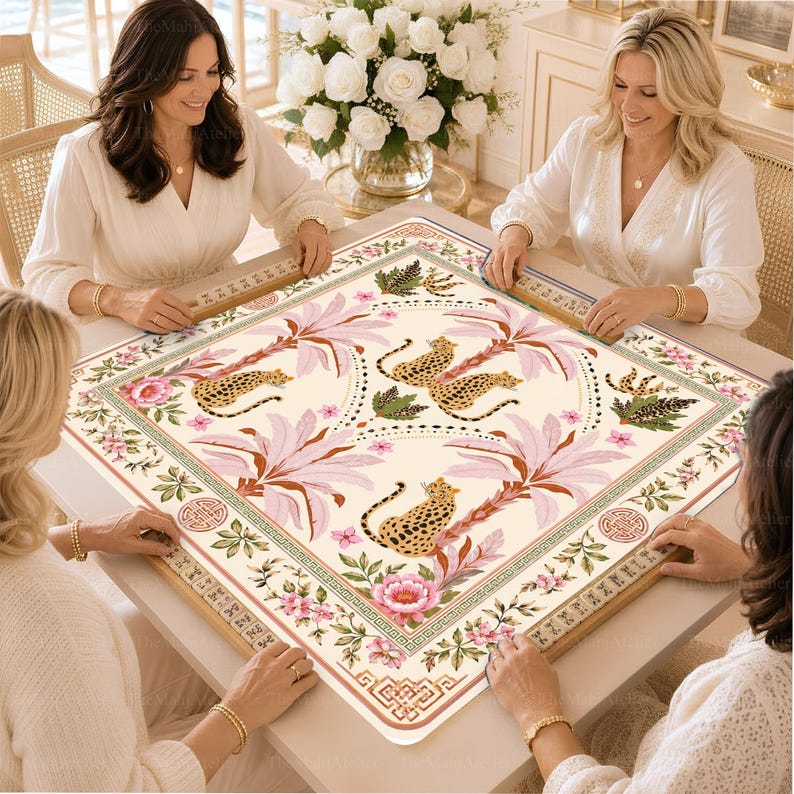 Tropical Leopard Mahjong Mat, Palm Mah Jongg Table Cover, Grandmillennial Mahj Gift for Hostess