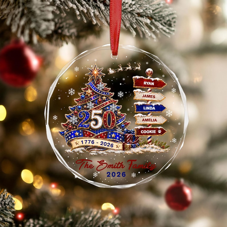 Custom Family Name Christmas Ornament, America 250th Anniversary Ornament, Family With Pet Ornament