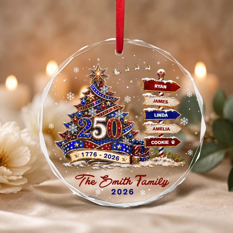 Custom Family Name Christmas Ornament, America 250th Anniversary Ornament, Family With Pet Ornament