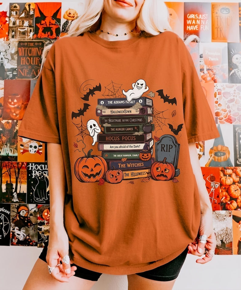 Comfort Colors Halloween Book Stack T-Shirt, Spooky Season Movie Lover Tee