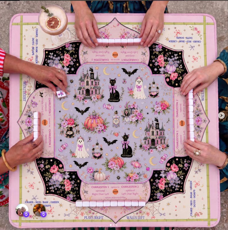 Hey Punkin Halloween Mahjong Mat, Pink Ghost Black Cat Instructional Game Night Gift, American Mahjong
