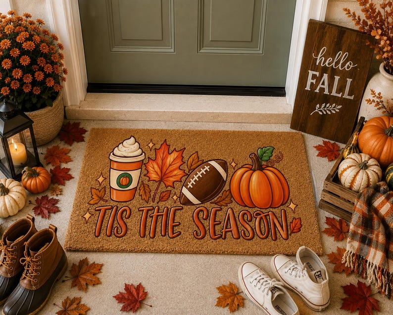 Tis the Season Fall Coir Doormat, Football Season Doormat, Pumpkin Welcome Mat, Fall Porch Decor, Autumn Football Door Mat