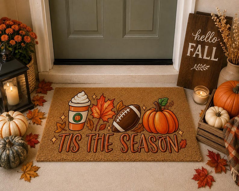 Tis the Season Fall Coir Doormat, Football Season Doormat, Pumpkin Welcome Mat, Fall Porch Decor, Autumn Football Door Mat