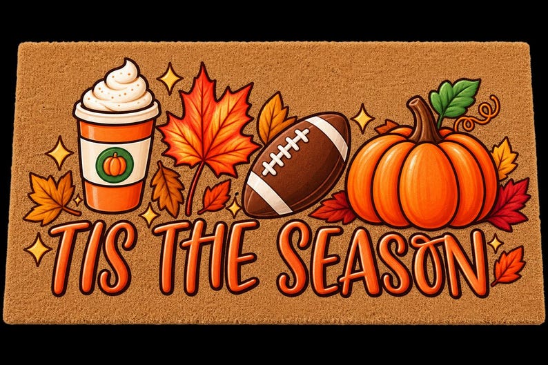Tis the Season Fall Coir Doormat, Football Season Doormat, Pumpkin Welcome Mat, Fall Porch Decor, Autumn Football Door Mat