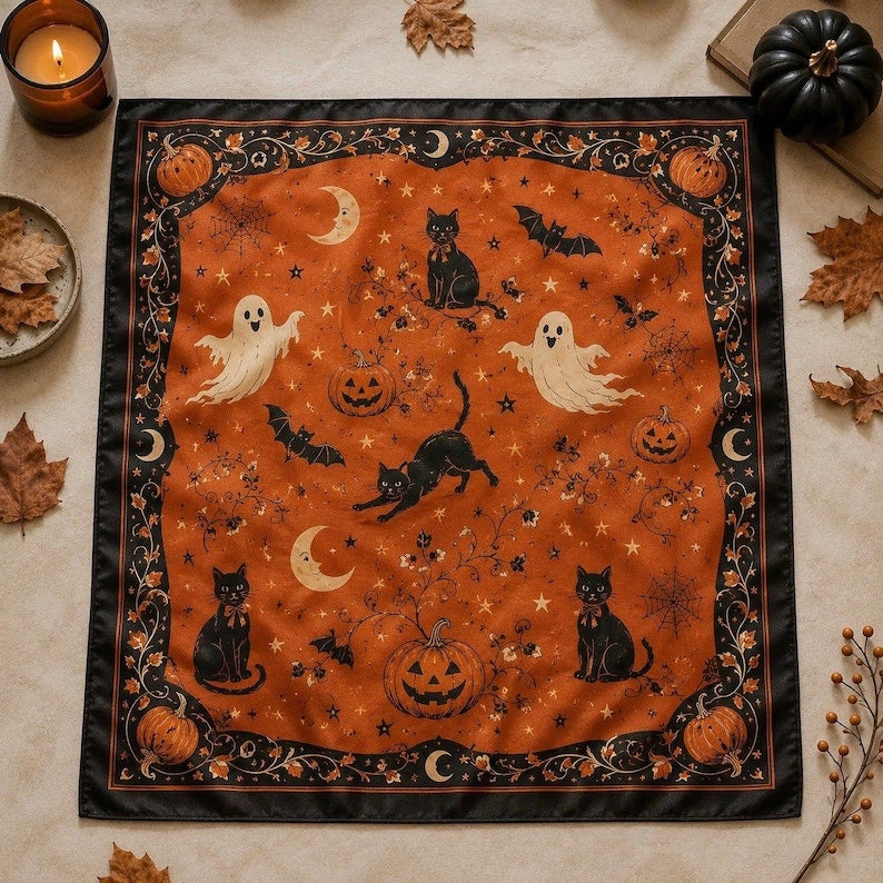 Vintage Halloween Scarf Orange Satin Bandana with Ghosts and Pumpkins, Retro Witchy Hair Wrap, Black Cat Neck Scarf