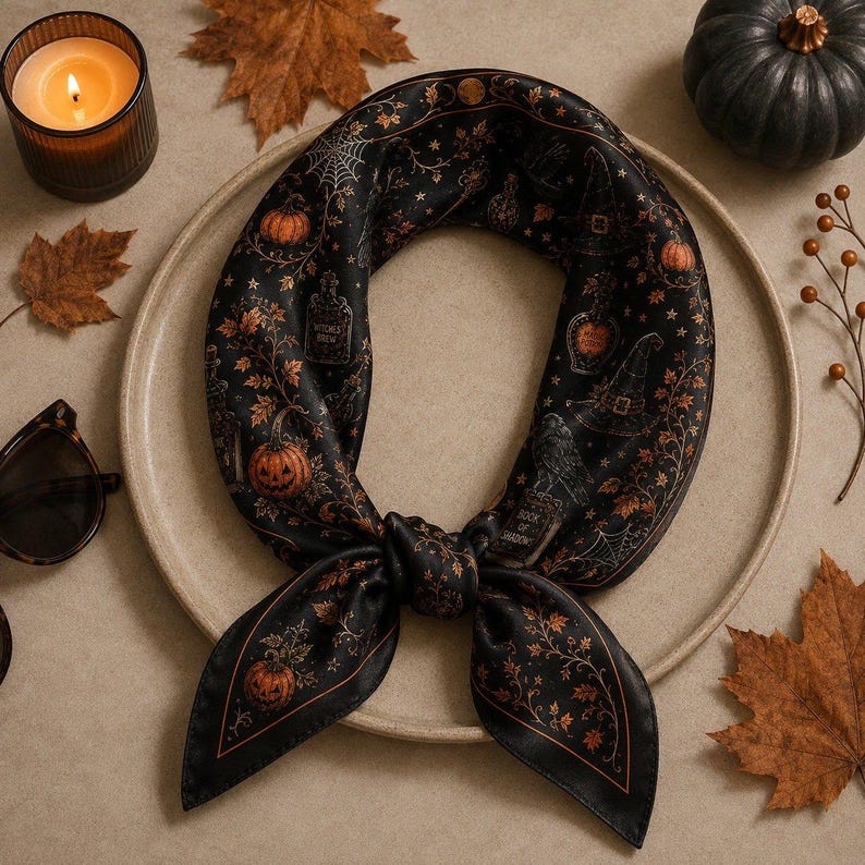Vintage Halloween Satin Scarf, Orange Pumpkin Bandana, Witchy Hair Wrap, Spooky Season Neck Scarf, Fall Gift