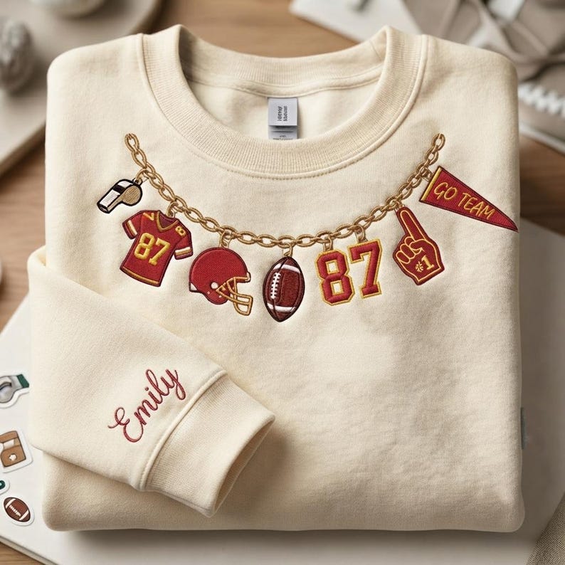 Custom Football Charm Necklace Sweatshirt, Embroidered Game Day Crewneck, Personalized Number & Pennant Pullover