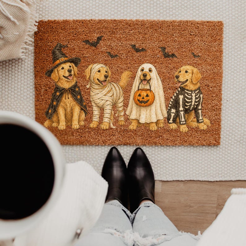 Halloween Golden Dog Coir Doormat, Golden Dog Coir Welcome Mat, Fall Front Porch Decor, Funny Fall Porch Decor
