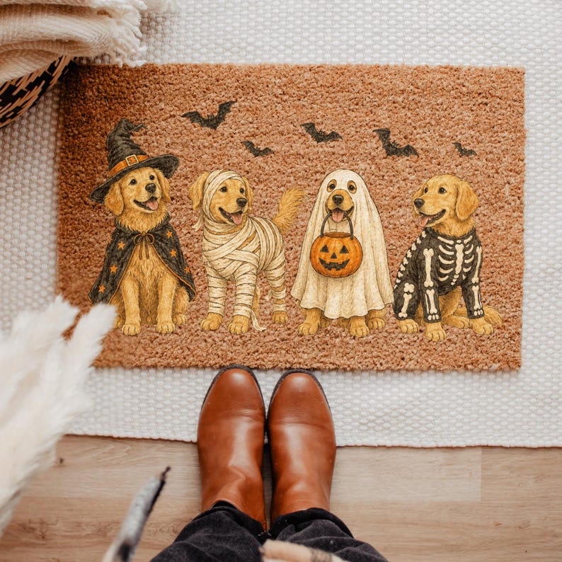 Halloween Golden Dog Coir Doormat, Golden Dog Coir Welcome Mat, Fall Front Porch Decor, Funny Fall Porch Decor