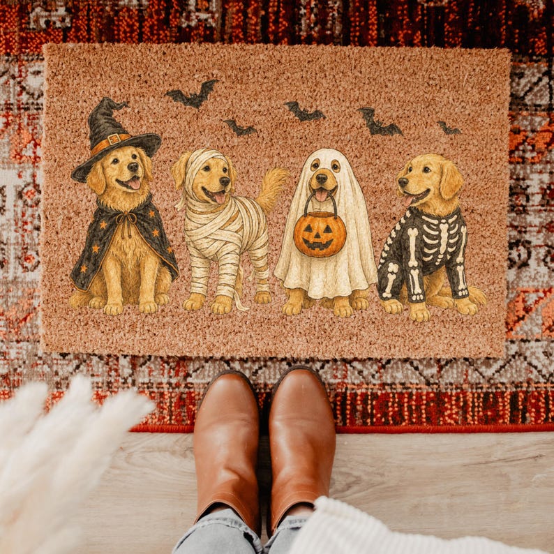 Halloween Golden Dog Coir Doormat, Golden Dog Coir Welcome Mat, Fall Front Porch Decor, Funny Fall Porch Decor