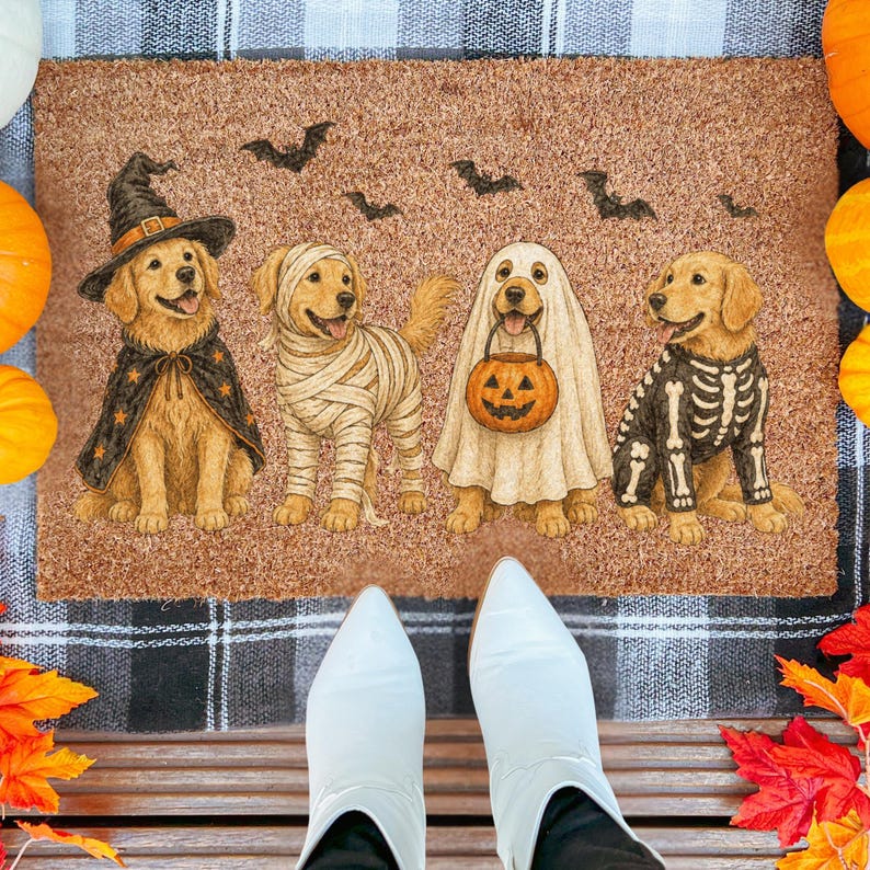 Halloween Golden Dog Coir Doormat, Golden Dog Coir Welcome Mat, Fall Front Porch Decor, Funny Fall Porch Decor