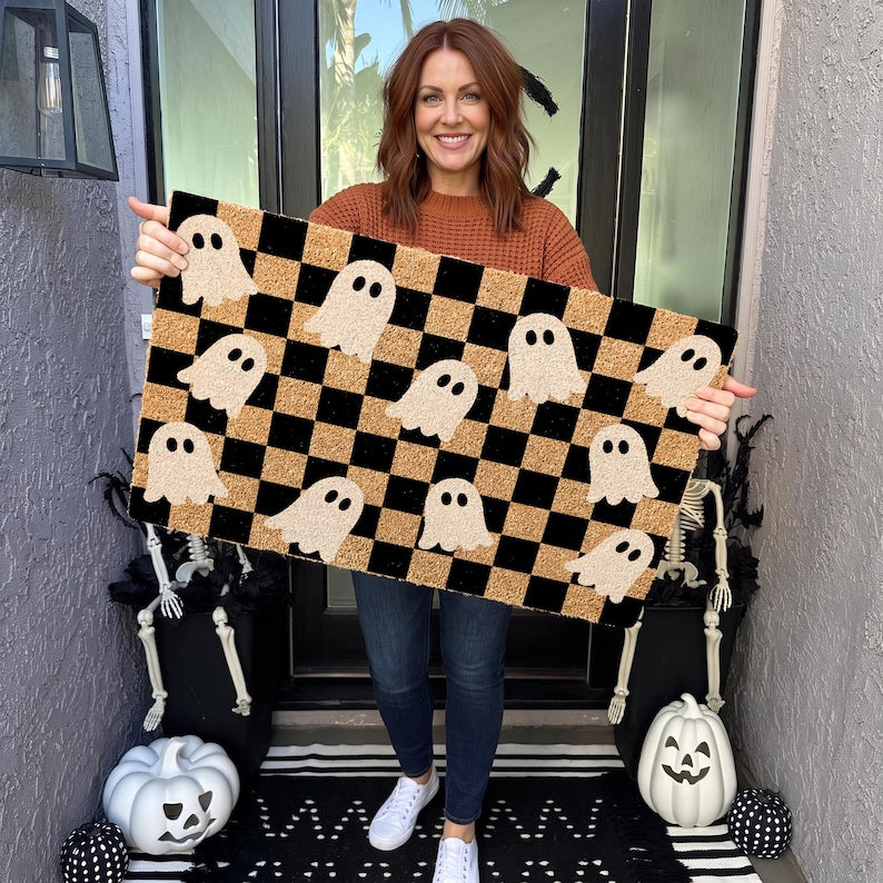 Checkerboard Ghost Coir Doormat, Halloween Welcome Mat, Spooky Front Door Decor