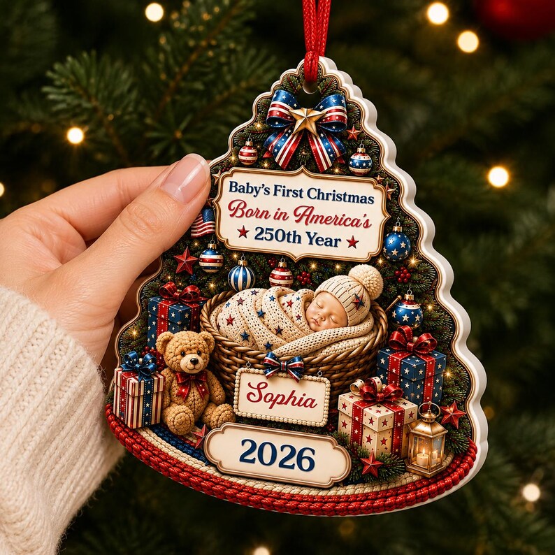 Born in America 250th Year Ornament, Baby First Christmas 2026, Personalized 3D Relief Print Keepsake