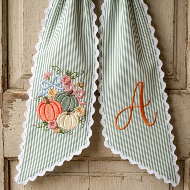 Personalized Embroidered Wreath Sash, Sage Stripe Pumpkin Floral Door Decor