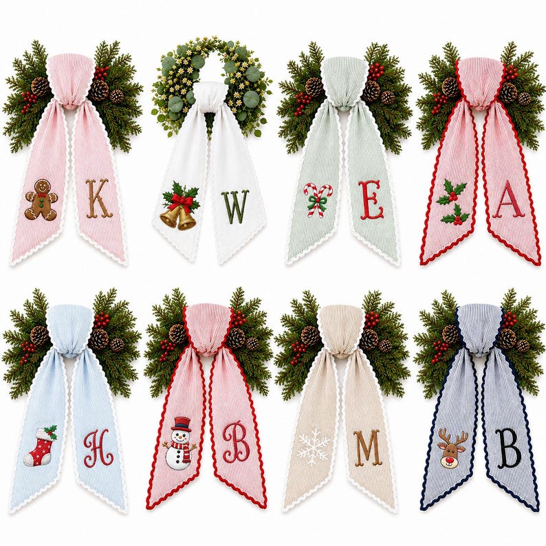 Christmas Holiday Wreath Sash , Holiday & Everyday Door Decor, Custom Text Wreath Sashes With Ric Rac