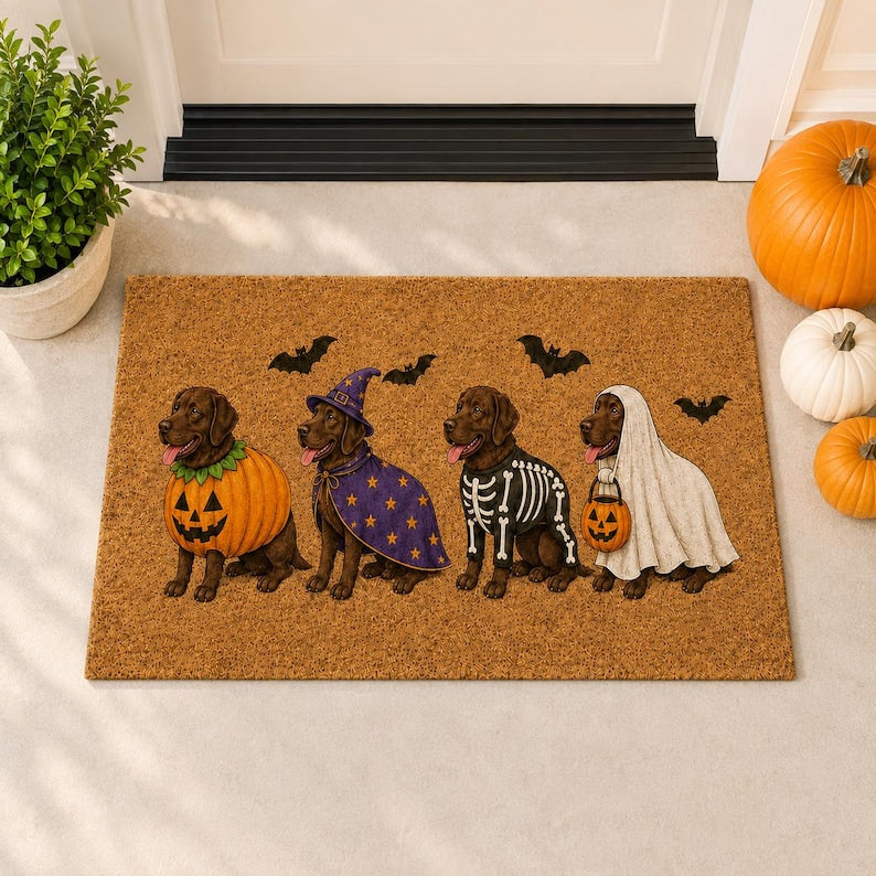 Chocolate Lab Halloween Dog Coir Doormat, Cute Costumed Labrador Doormat, Ghost Skeleton Witch Pumpkin Home Decor