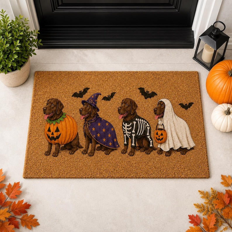 Chocolate Lab Halloween Dog Coir Doormat, Cute Costumed Labrador Doormat, Ghost Skeleton Witch Pumpkin Home Decor