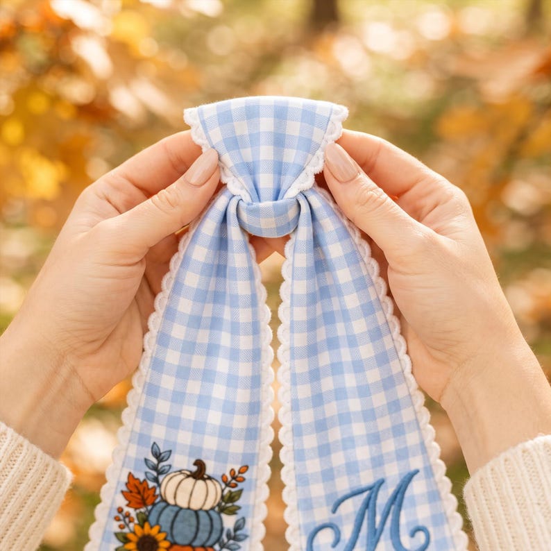Custom Pumpkin Wreath Sash Bow, Personalized Monogram Fall Door Bow, Blue Stripe Autumn Wreath Decor, Farmhouse Thanksgiving