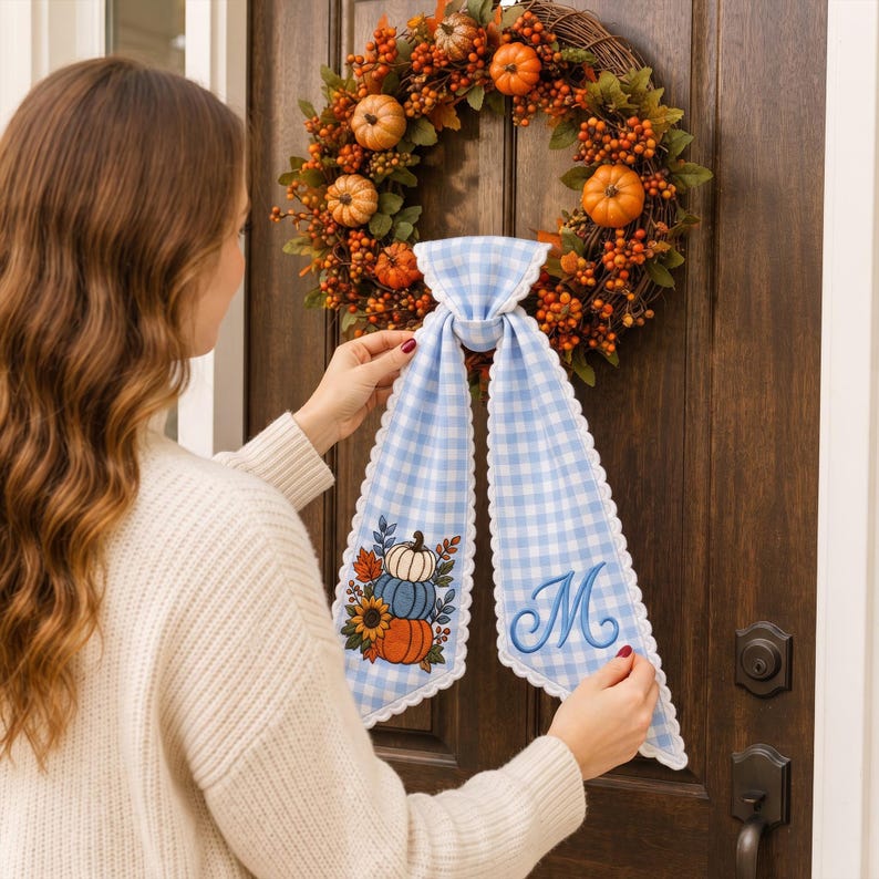 Custom Pumpkin Wreath Sash Bow, Personalized Monogram Fall Door Bow, Blue Stripe Autumn Wreath Decor, Farmhouse Thanksgiving