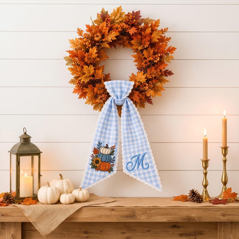 Custom Pumpkin Wreath Sash Bow, Personalized Monogram Fall Door Bow, Blue Stripe Autumn Wreath Decor, Farmhouse Thanksgiving