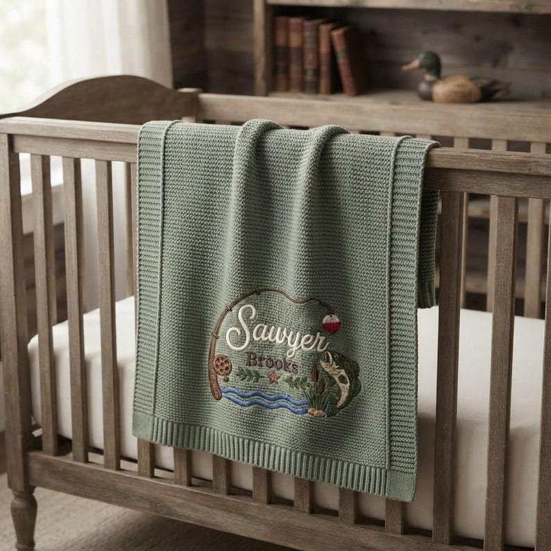 Personalized Fishing Baby Blanket Name, Custom Embroidered Fishing Rod Fish Baby Shower Gift, Welcome Baby Blanket