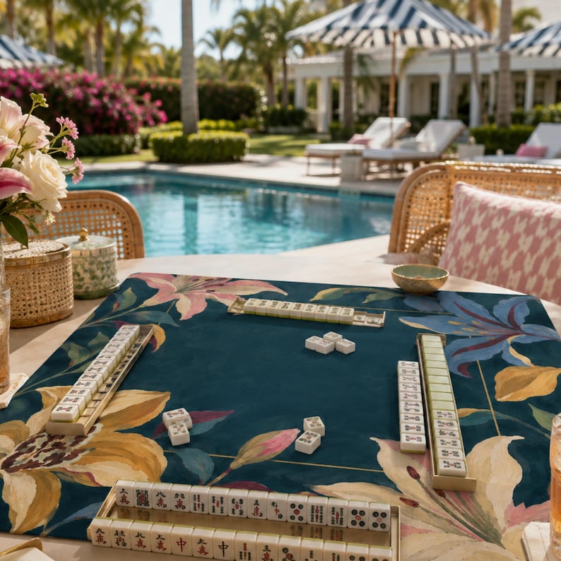 Navy Lily Mahjong Mat, American Mahjong Mat, Moody Botanical Floral Border, Grandmillennial Mahjong Gift