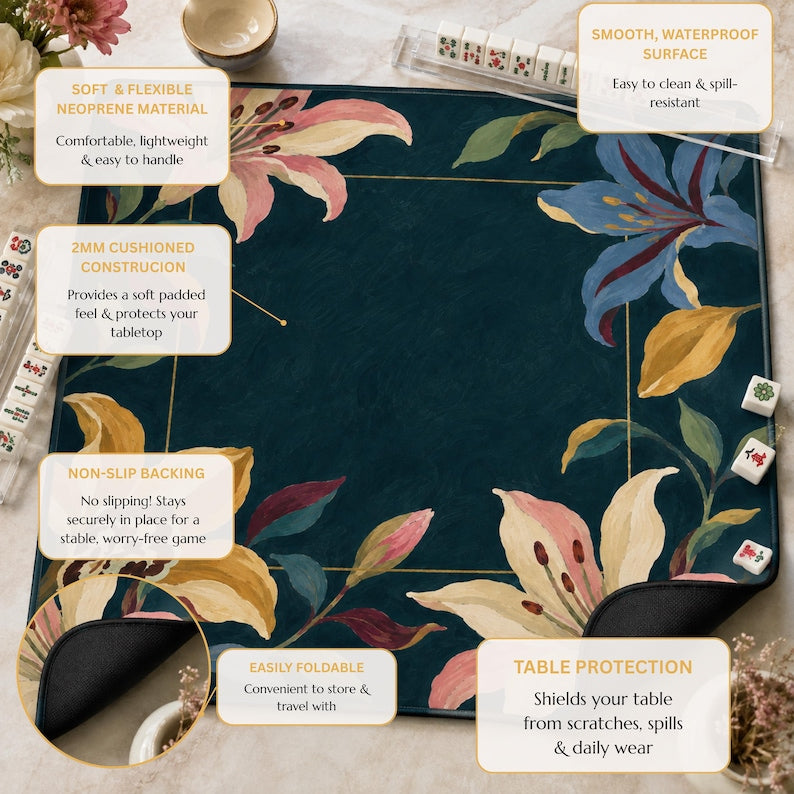Navy Lily Mahjong Mat, American Mahjong Mat, Moody Botanical Floral Border, Grandmillennial Mahjong Gift