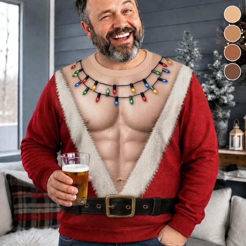 Funny Santa Abs Ugly Sweater, Hairy Chest 3D Print Holiday Party Gift, Christmas Gag Gift, Men Women Crewneck Pullover