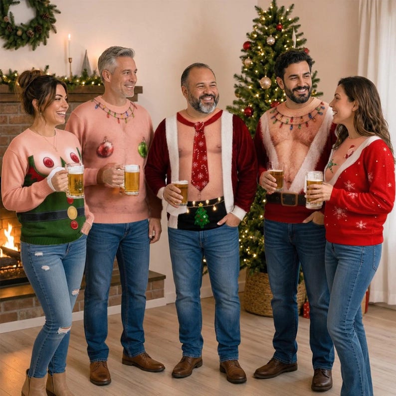 Funny Santa Abs Ugly Sweater, Hairy Chest 3D Print Holiday Party Gift, Christmas Gag Gift, Men Women Crewneck Pullover