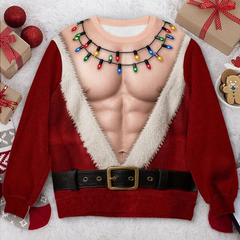 Funny Santa Abs Ugly Sweater, Hairy Chest 3D Print Holiday Party Gift, Christmas Gag Gift, Men Women Crewneck Pullover