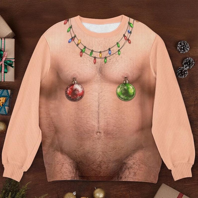 Funny Santa Abs Ugly Sweater, Hairy Chest 3D Print Holiday Party Gift, Christmas Gag Gift, Men Women Crewneck Pullover