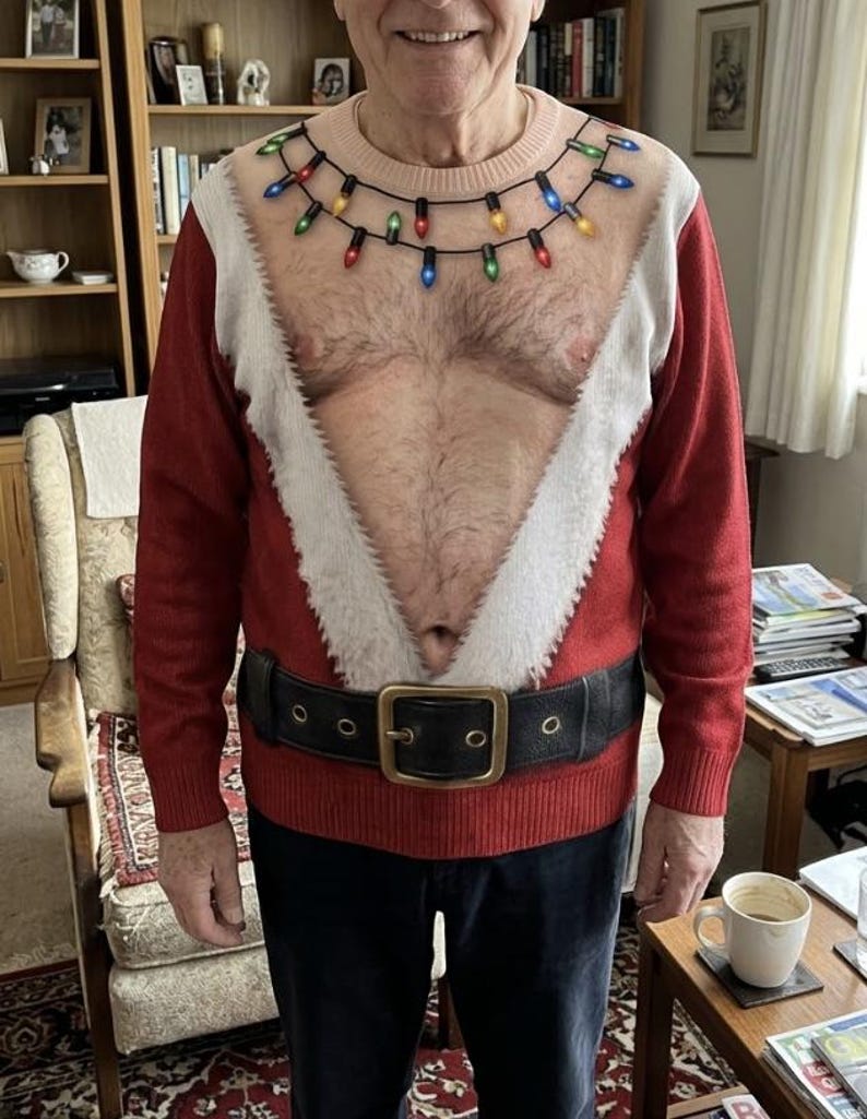 Funny Santa Abs Ugly Sweater, Hairy Chest 3D Print Holiday Party Gift, Christmas Gag Gift, Men Women Crewneck Pullover