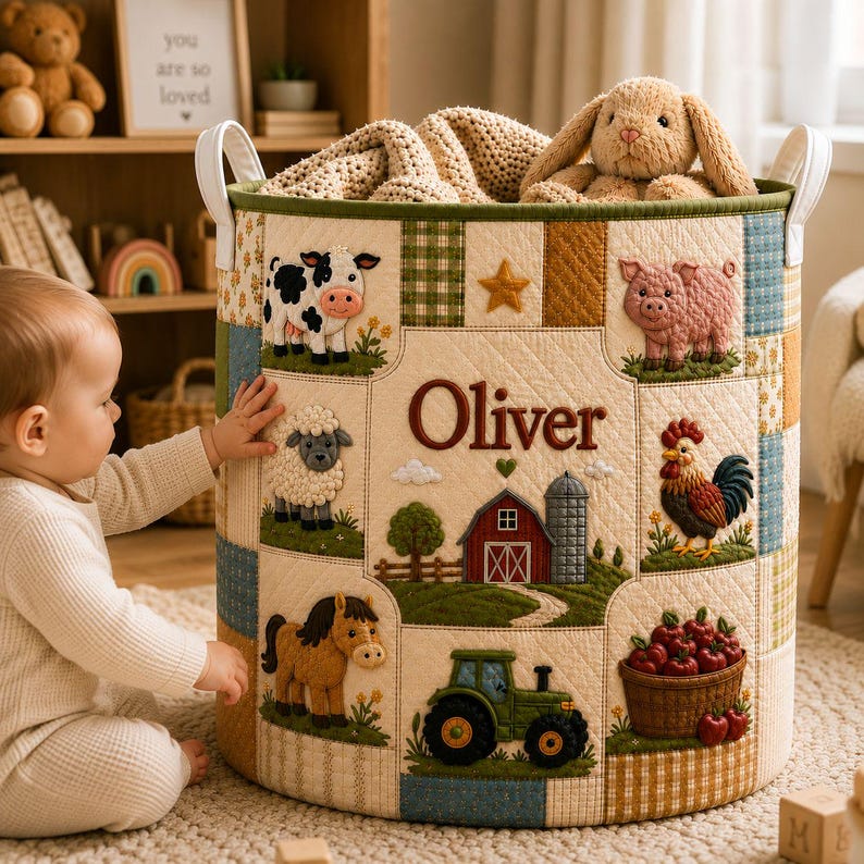 Personalized Farm Animal Quilt Laundry Basket, Custom Name Barnyard Hamper, Cow Pig Sheep Horse Storage Bin