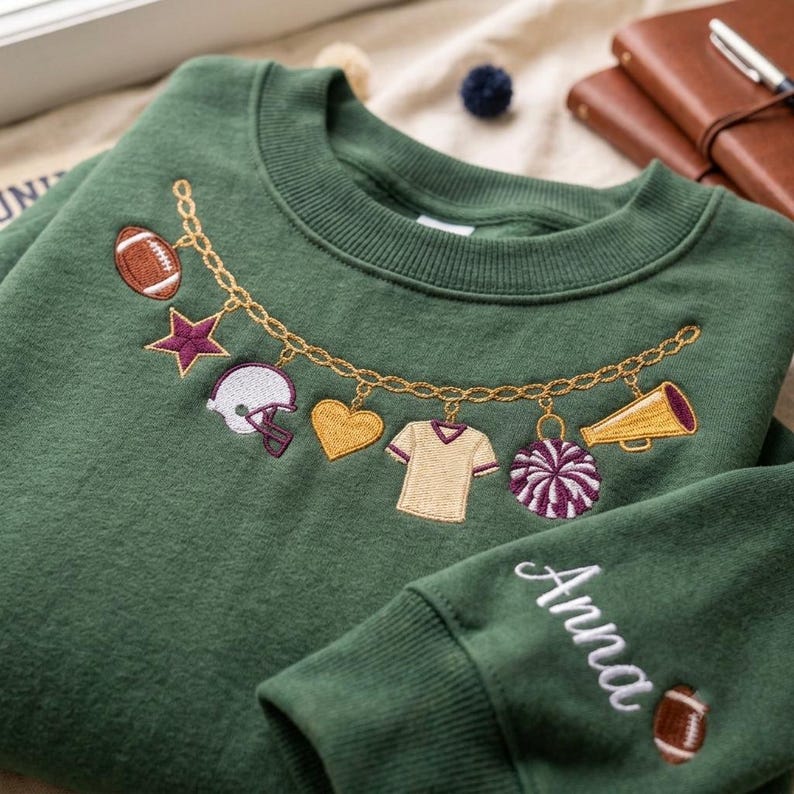 Custom Football Charm Necklace Sweatshirt, Embroidered Sleeve Name Crewneck, Game Day Cheer Mom Pullover