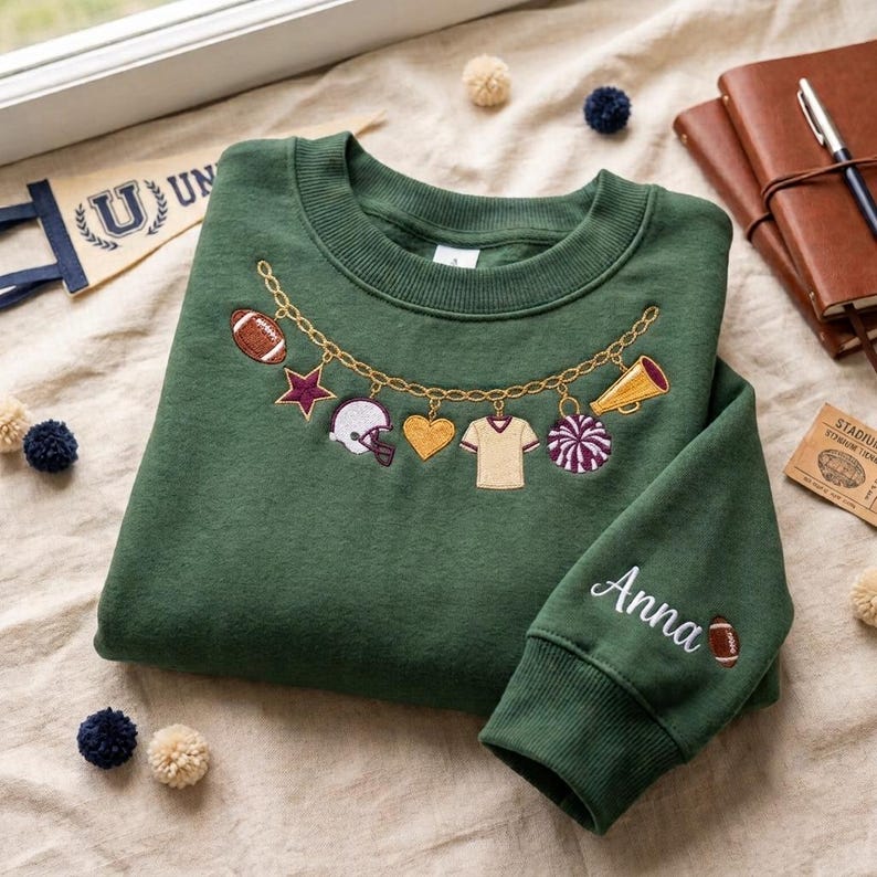 Custom Football Charm Necklace Sweatshirt, Embroidered Sleeve Name Crewneck, Game Day Cheer Mom Pullover